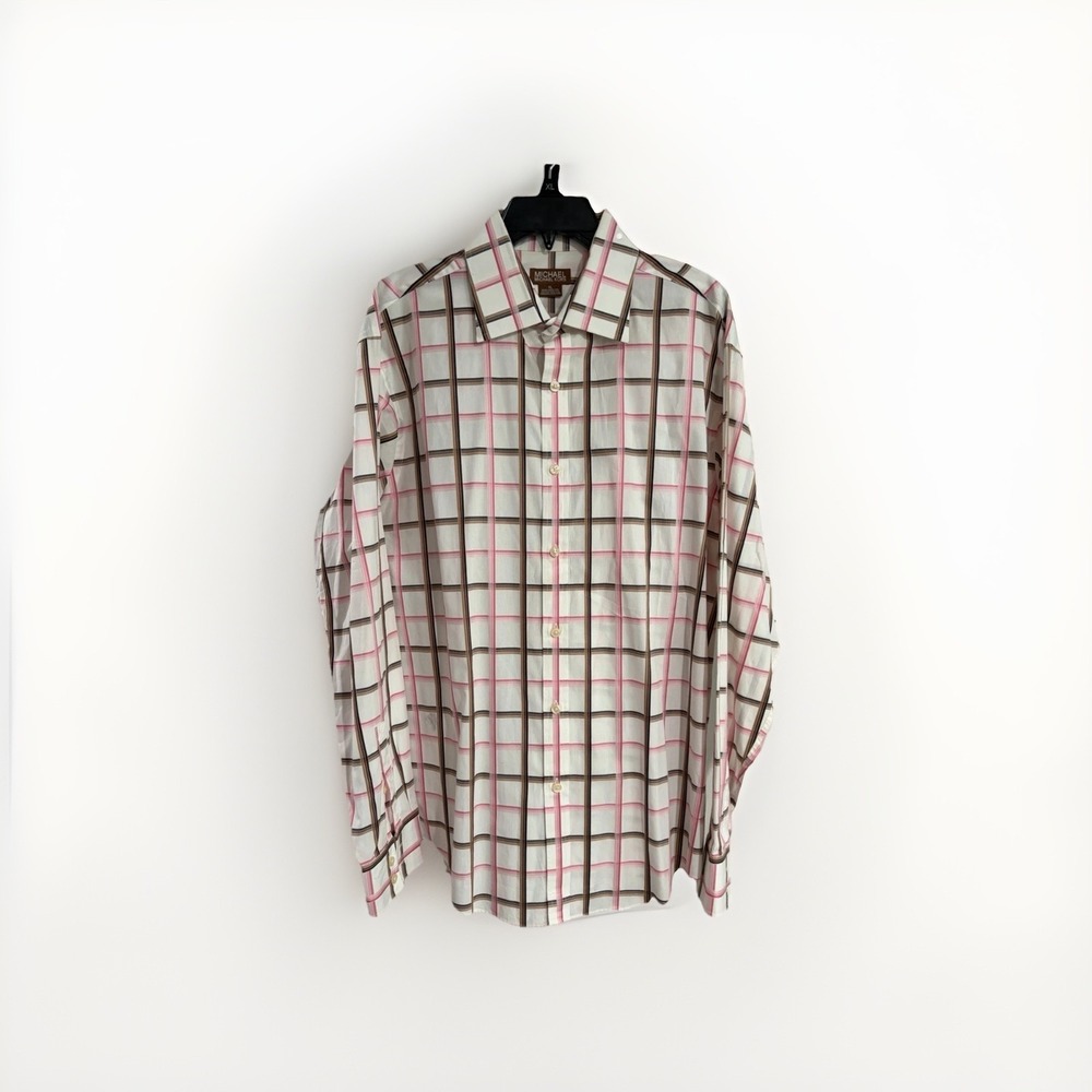 Michael Kors mens shirt pink white brown cotton designer button‎ sz XL EUC P14